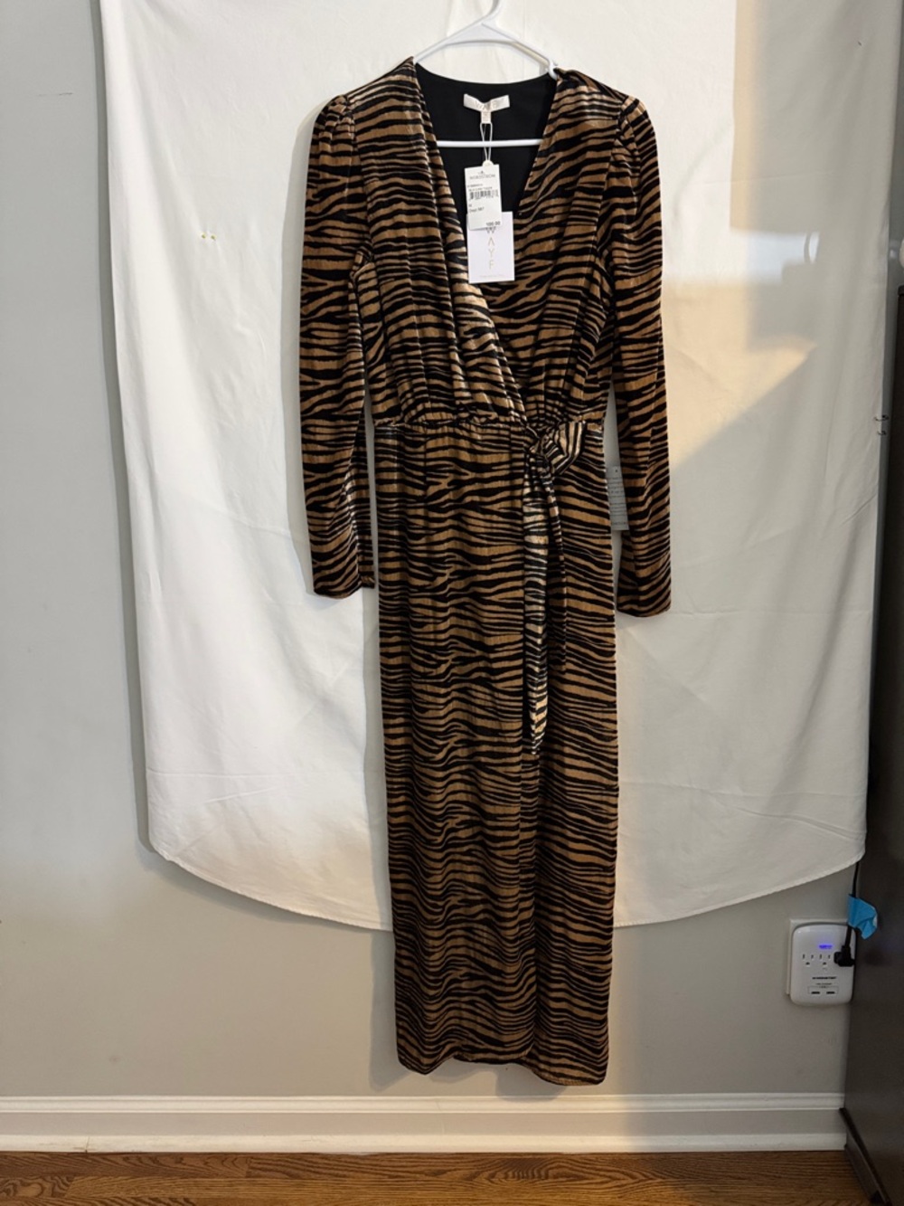Wayf Black and Brown Long Sleeve Wrap Midi Dress